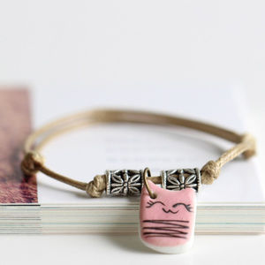 Handmade Cute Kitty Cat Ceramic Pendant Bracelet